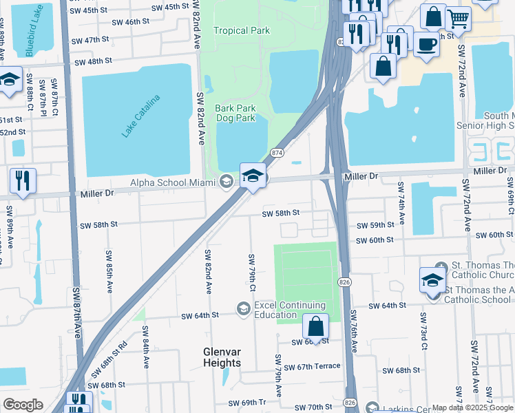map of restaurants, bars, coffee shops, grocery stores, and more near 5780 Southwest 79th Avenue in Miami