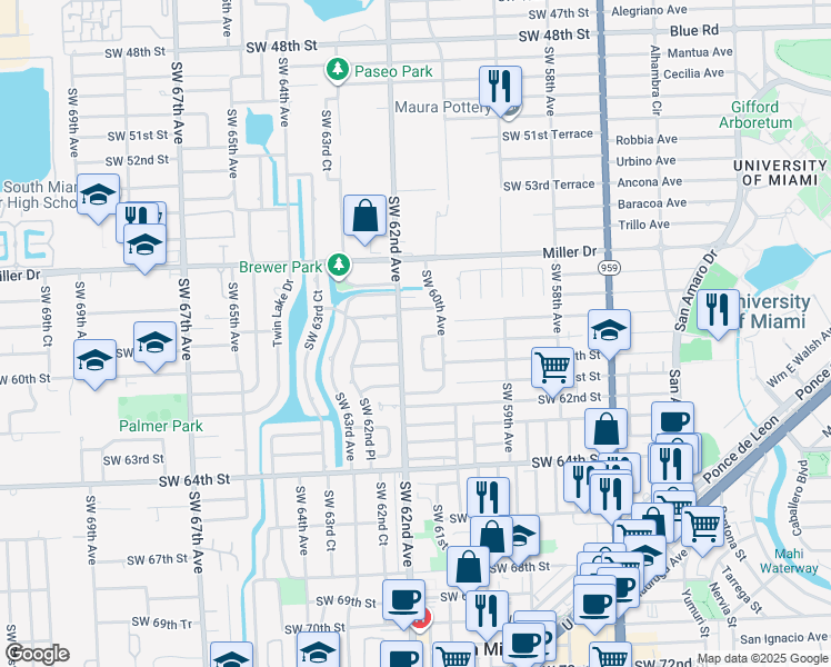 map of restaurants, bars, coffee shops, grocery stores, and more near 5900 Southwest 61st Avenue in South Miami