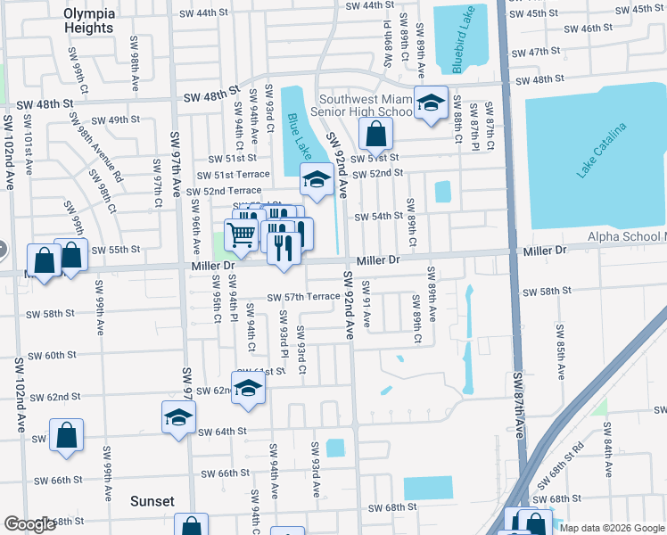 map of restaurants, bars, coffee shops, grocery stores, and more near 5600 Southwest 92nd Avenue in Miami