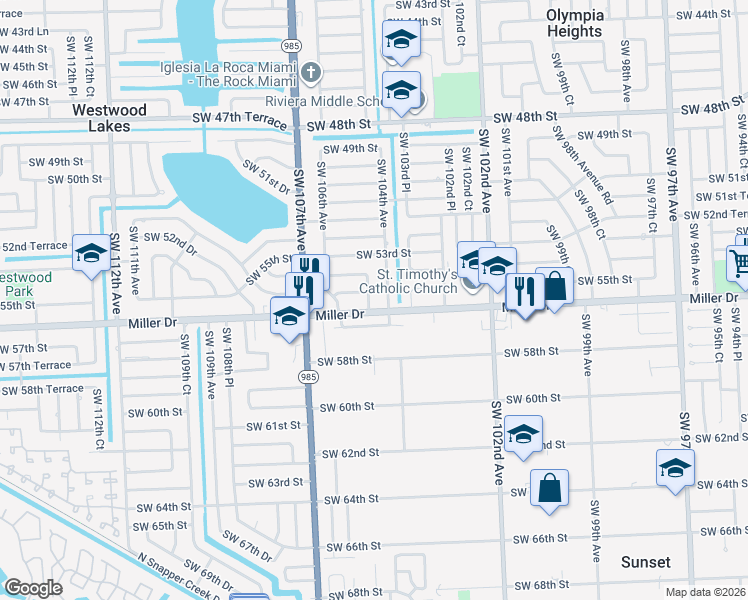 map of restaurants, bars, coffee shops, grocery stores, and more near 5511 Southwest 104th Court in Miami