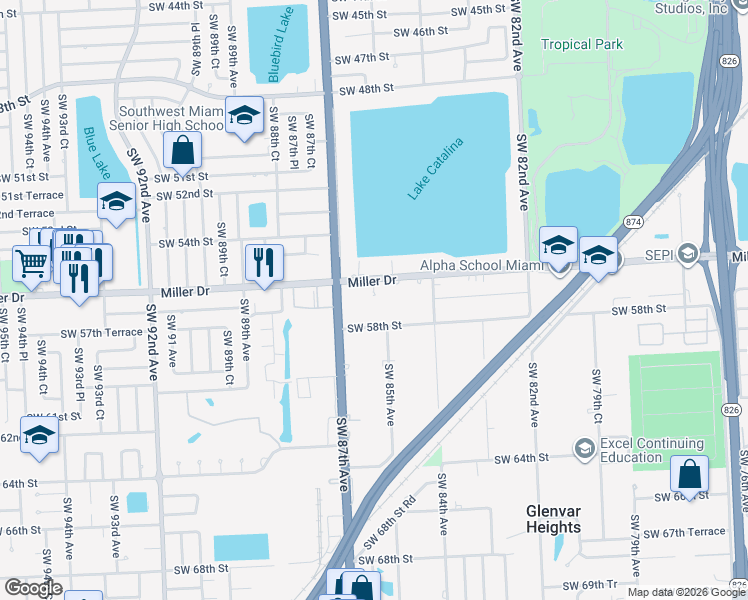 map of restaurants, bars, coffee shops, grocery stores, and more near 8550 Miller Drive in Miami