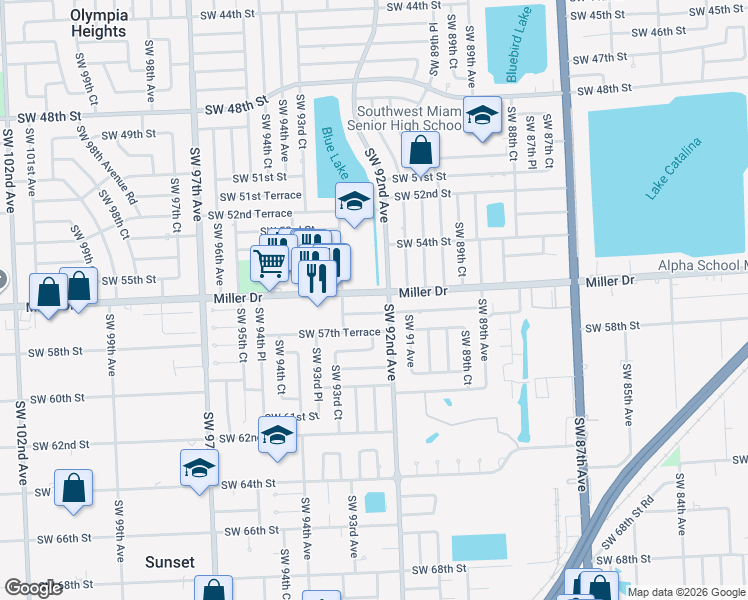 map of restaurants, bars, coffee shops, grocery stores, and more near 5600 Southwest 92nd Avenue in Miami