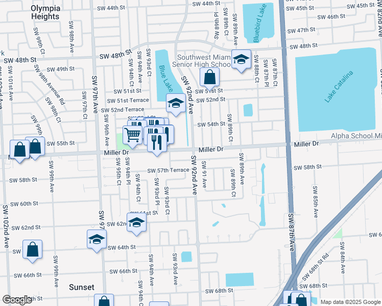 map of restaurants, bars, coffee shops, grocery stores, and more near 5600 Southwest 92nd Avenue in Miami