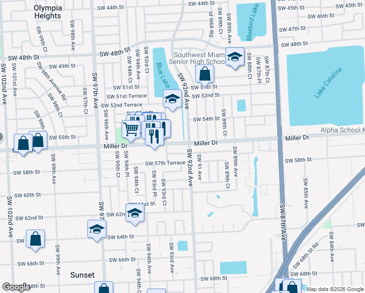 map of restaurants, bars, coffee shops, grocery stores, and more near 5600 Southwest 92nd Avenue in Miami