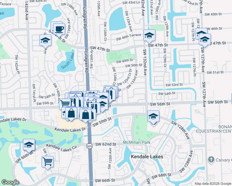 map of restaurants, bars, coffee shops, grocery stores, and more near 13430 Southwest 53rd Street in Miami
