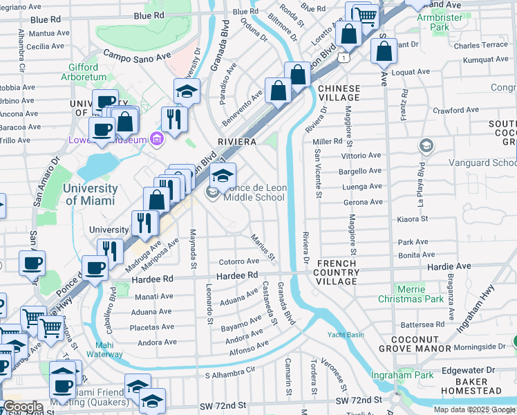 map of restaurants, bars, coffee shops, grocery stores, and more near 5724 Michelangelo Street in Coral Gables