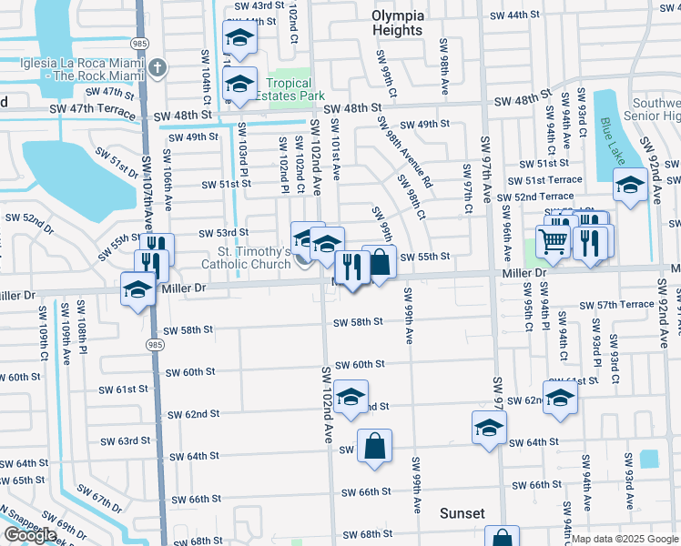 map of restaurants, bars, coffee shops, grocery stores, and more near 10101 Miller Drive in Miami