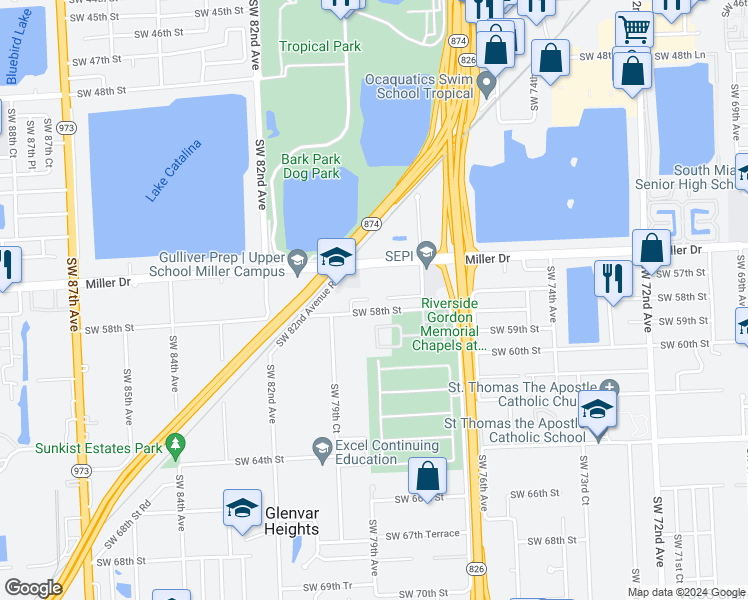 map of restaurants, bars, coffee shops, grocery stores, and more near 7887 Southwest 58th Street in Miami