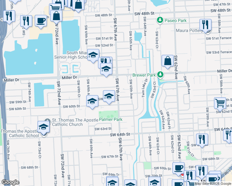 map of restaurants, bars, coffee shops, grocery stores, and more near 5750 Southwest 67th Avenue in South Miami