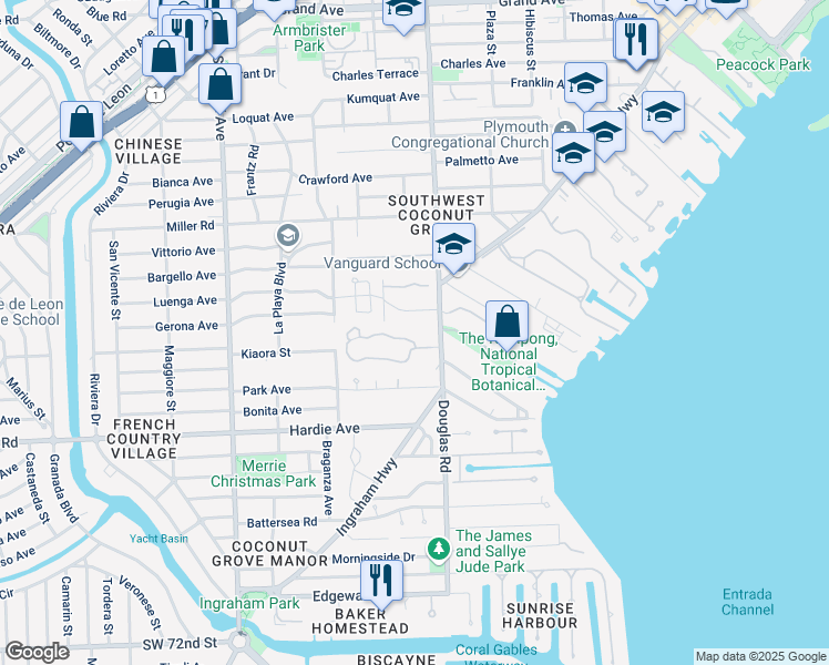 map of restaurants, bars, coffee shops, grocery stores, and more near 3853 Little Avenue in Miami
