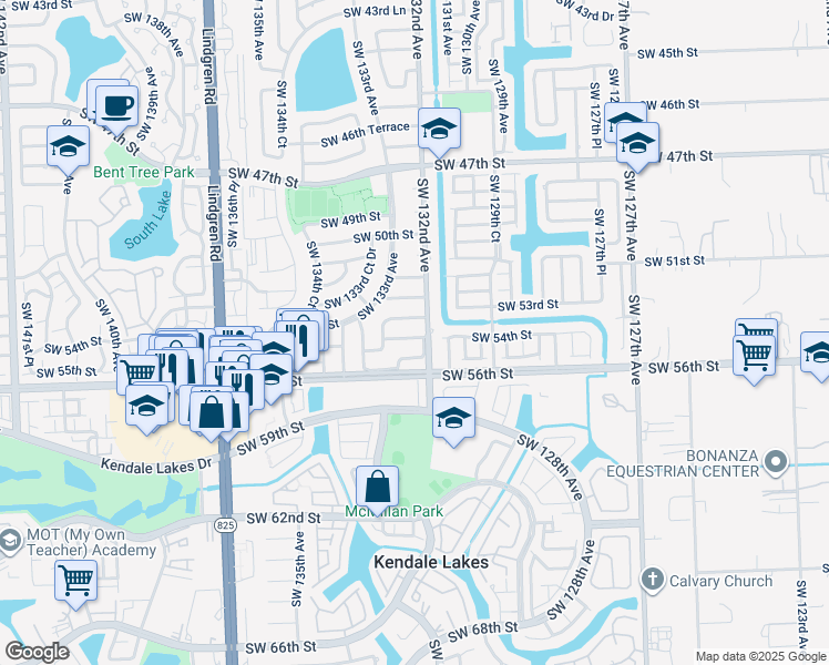 map of restaurants, bars, coffee shops, grocery stores, and more near 13211 Southwest 54th Street in Miami