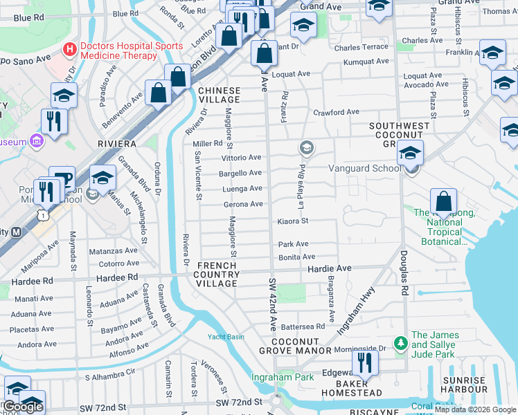 map of restaurants, bars, coffee shops, grocery stores, and more near 418 Gerona Avenue in Coral Gables