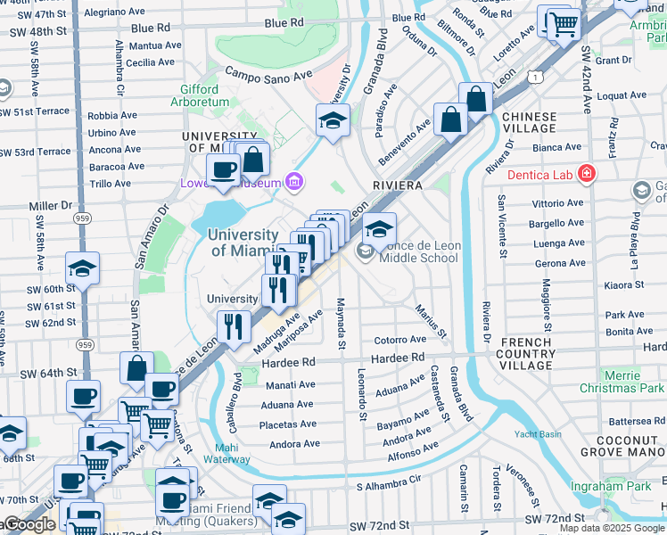map of restaurants, bars, coffee shops, grocery stores, and more near 1121 Madruga Avenue in Coral Gables