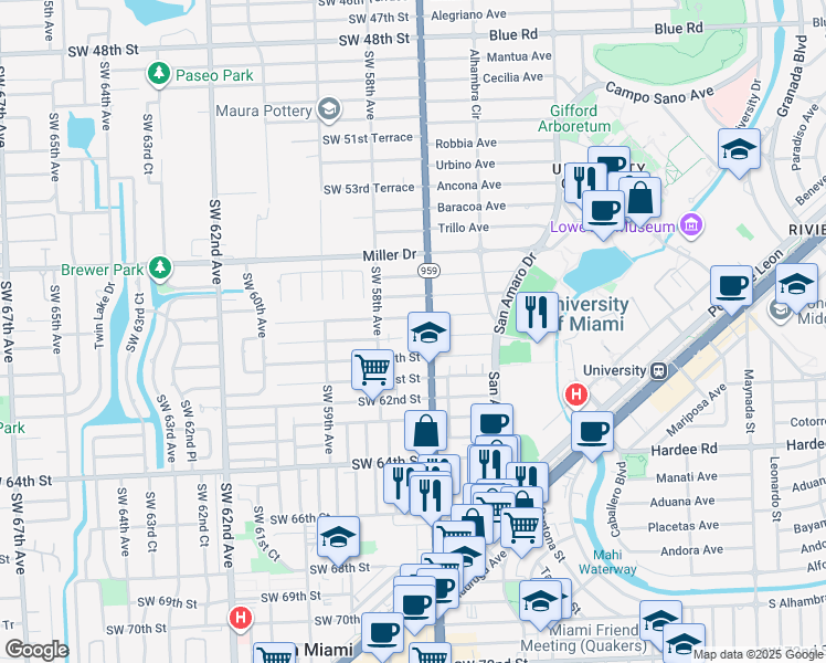 map of restaurants, bars, coffee shops, grocery stores, and more near 5840 Southwest 57th Avenue in Coral Gables