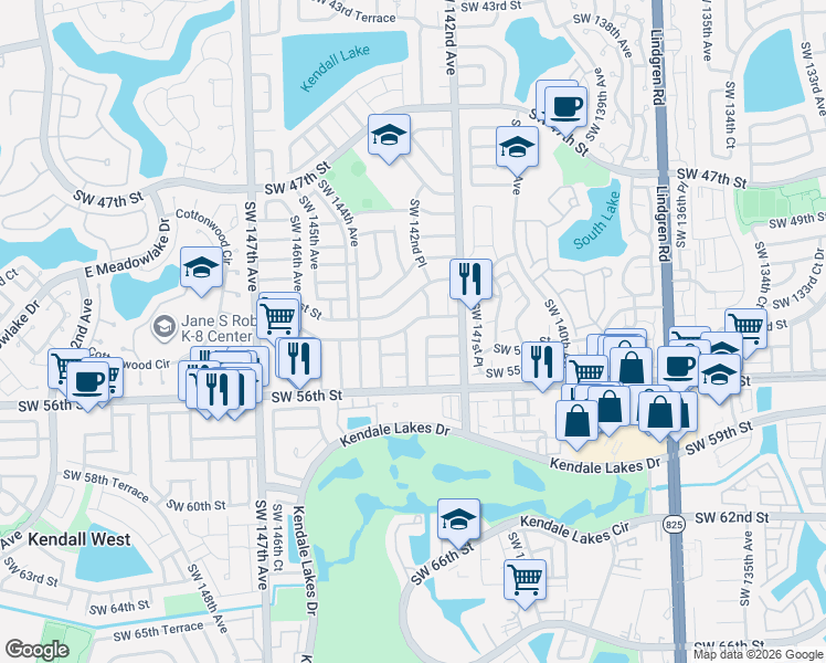 map of restaurants, bars, coffee shops, grocery stores, and more near 14300 Southwest 52nd Street in Miami
