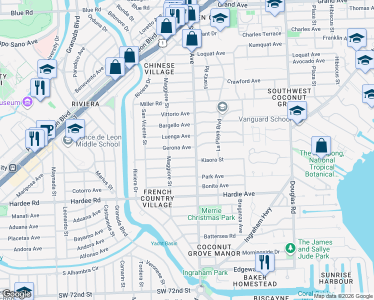 map of restaurants, bars, coffee shops, grocery stores, and more near 418 Gerona Avenue in Coral Gables