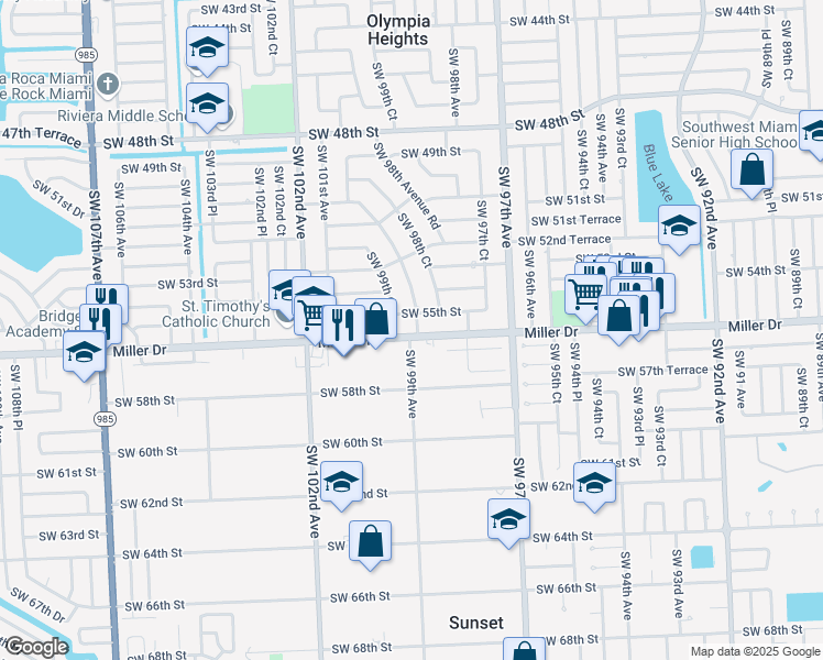 map of restaurants, bars, coffee shops, grocery stores, and more near 9905 Southwest 56th Street in Miami