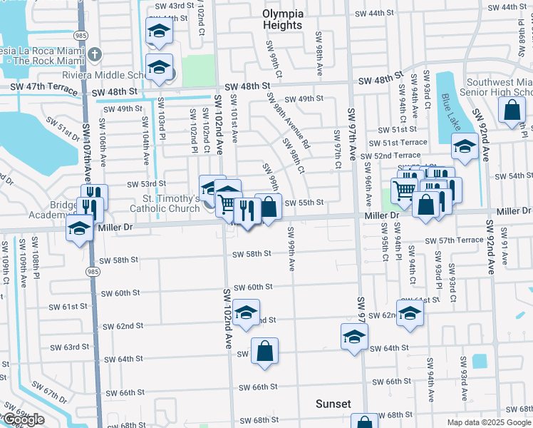 map of restaurants, bars, coffee shops, grocery stores, and more near 9975 Miller Drive in Miami
