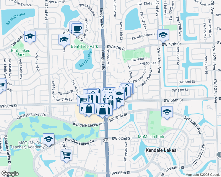 map of restaurants, bars, coffee shops, grocery stores, and more near 5550 Southwest 136th Court in Miami