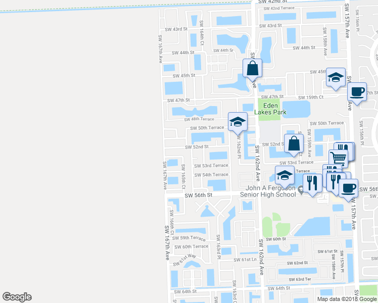 map of restaurants, bars, coffee shops, grocery stores, and more near 16511 Southwest 52nd Lane in Miami