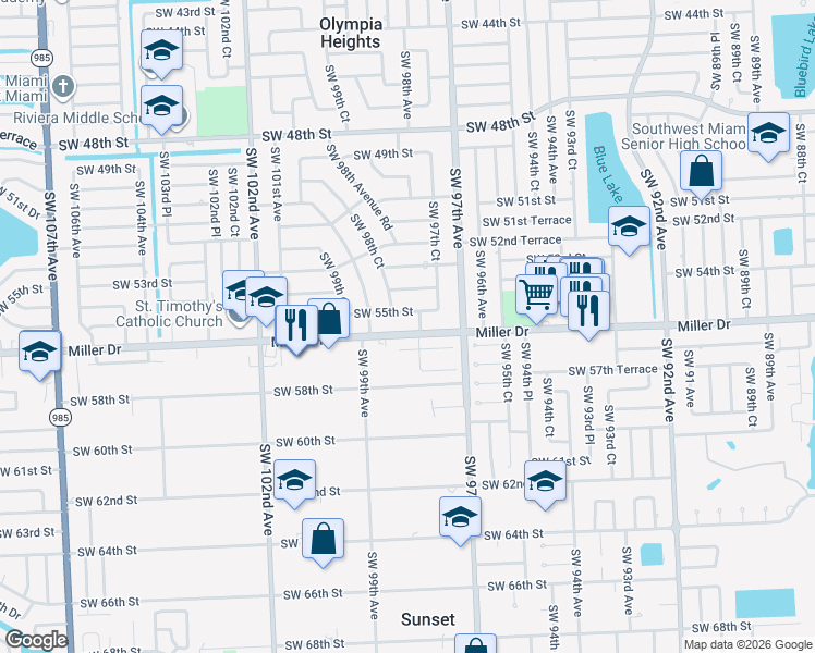 map of restaurants, bars, coffee shops, grocery stores, and more near 9845 Miller Drive in Miami