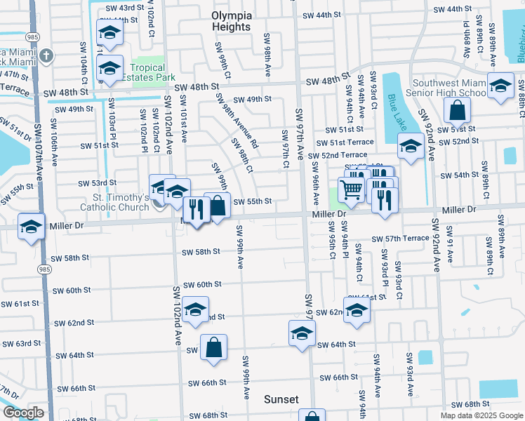 map of restaurants, bars, coffee shops, grocery stores, and more near 9845 Miller Drive in Miami