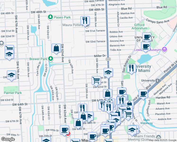 map of restaurants, bars, coffee shops, grocery stores, and more near 5880 Southwest 58th Terrace in South Miami
