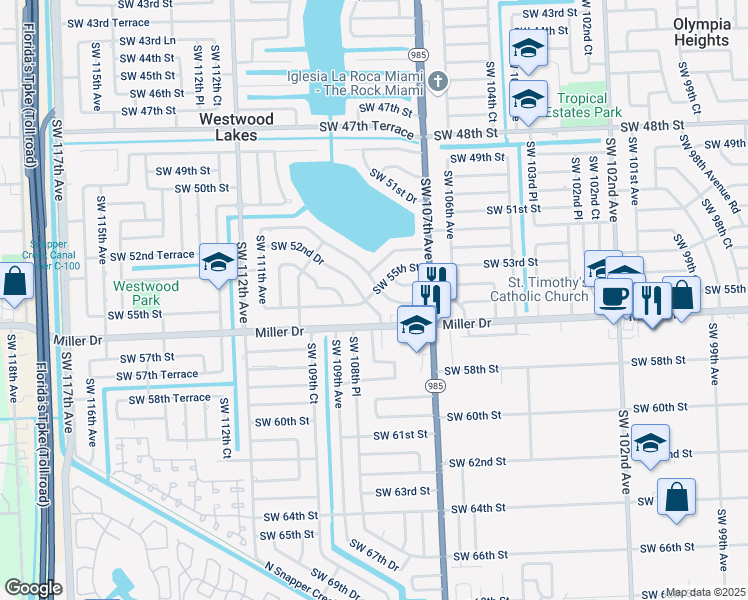 map of restaurants, bars, coffee shops, grocery stores, and more near 10840 Southwest 55th Street in Miami