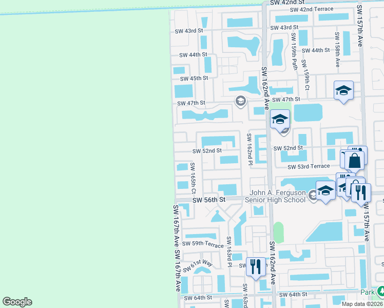 map of restaurants, bars, coffee shops, grocery stores, and more near 16511 Southwest 52nd Lane in Miami