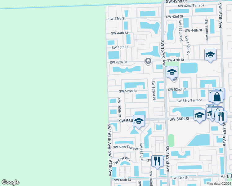 map of restaurants, bars, coffee shops, grocery stores, and more near 16511 Southwest 52nd Lane in Miami