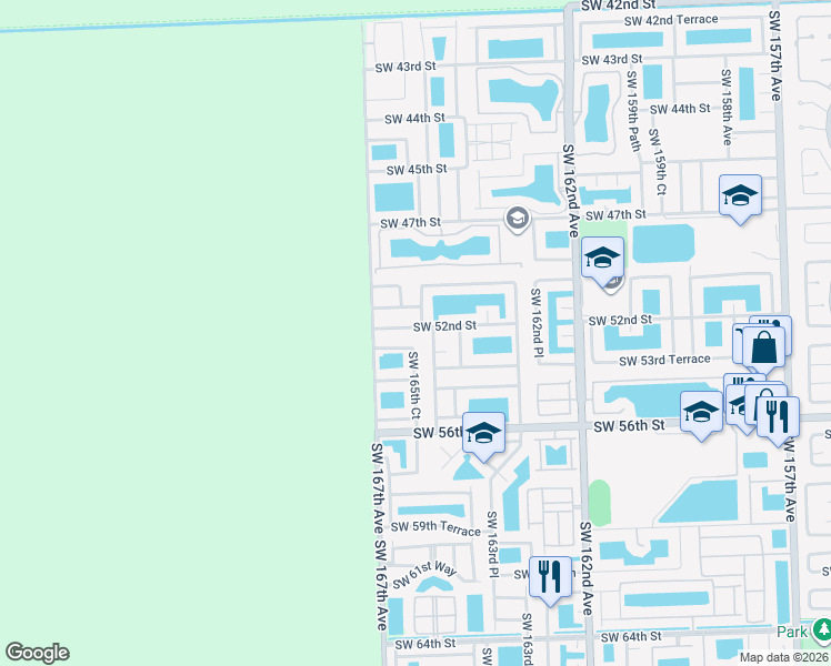 map of restaurants, bars, coffee shops, grocery stores, and more near 16511 Southwest 52nd Lane in Miami