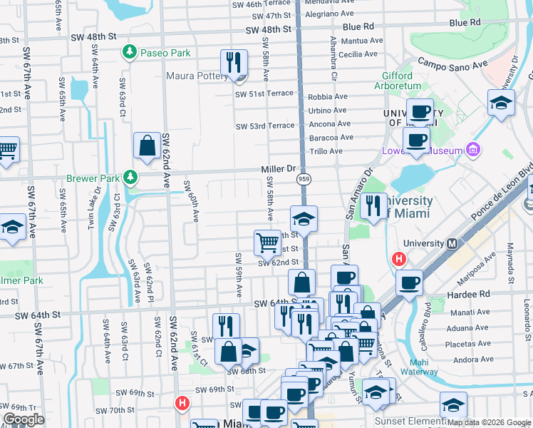 map of restaurants, bars, coffee shops, grocery stores, and more near 5786 Southwest 59th Street in Miami