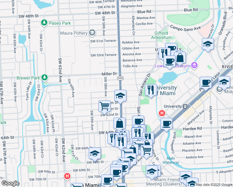 map of restaurants, bars, coffee shops, grocery stores, and more near 5830 Southwest 57th Avenue in Miami