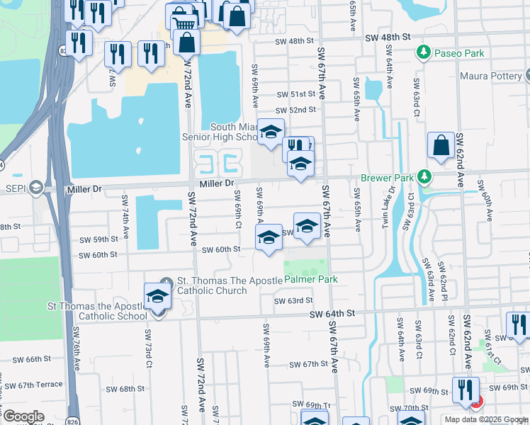 map of restaurants, bars, coffee shops, grocery stores, and more near 6871 Southwest 59th Street in Miami