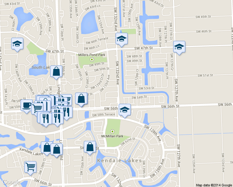map of restaurants, bars, coffee shops, grocery stores, and more near 13211 Southwest 54th Street in Miami
