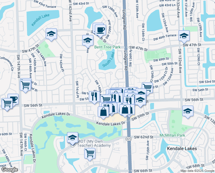 map of restaurants, bars, coffee shops, grocery stores, and more near 5302 Southwest 138th Place in Miami