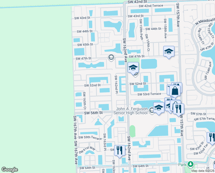 map of restaurants, bars, coffee shops, grocery stores, and more near 16360 Southwest 52nd Street in Miami