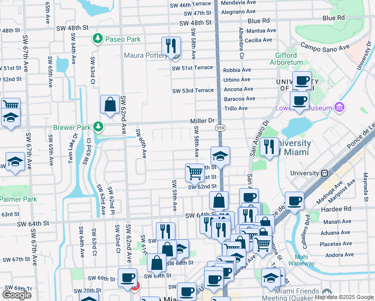 map of restaurants, bars, coffee shops, grocery stores, and more near 5855 Southwest 59th Street in Miami