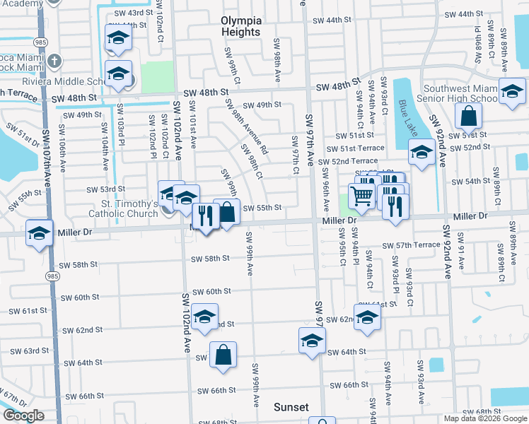 map of restaurants, bars, coffee shops, grocery stores, and more near 9845 Miller Drive in Miami