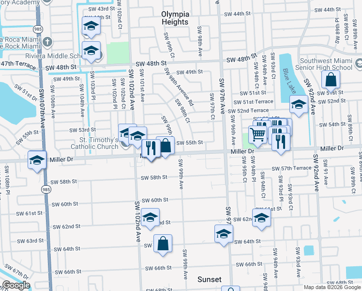 map of restaurants, bars, coffee shops, grocery stores, and more near 9905 Southwest 56th Street in Miami