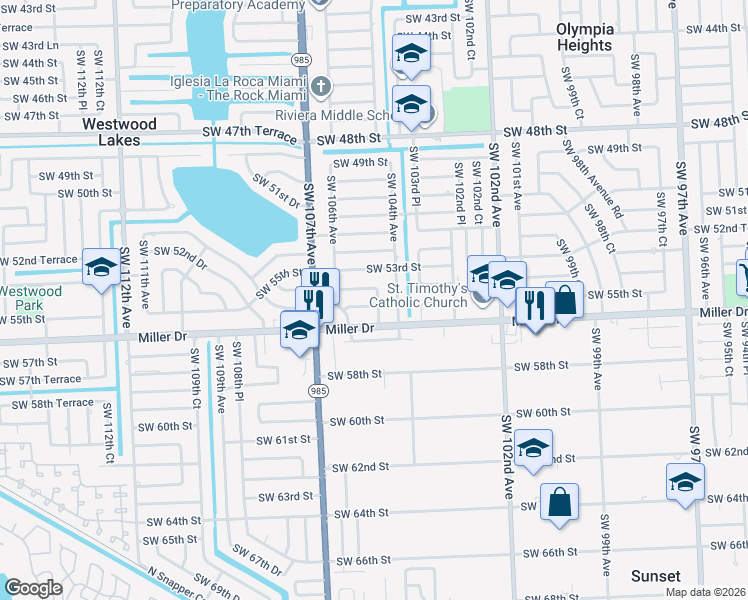 map of restaurants, bars, coffee shops, grocery stores, and more near 5511 Southwest 104th Court in Miami