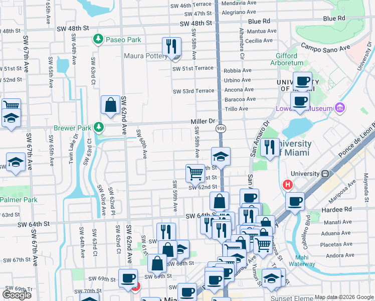 map of restaurants, bars, coffee shops, grocery stores, and more near 5855 Southwest 59th Street in Miami