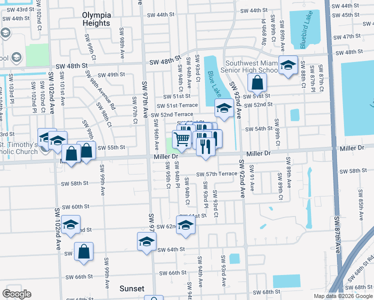 map of restaurants, bars, coffee shops, grocery stores, and more near 9420 Southwest 56th Street in Miami