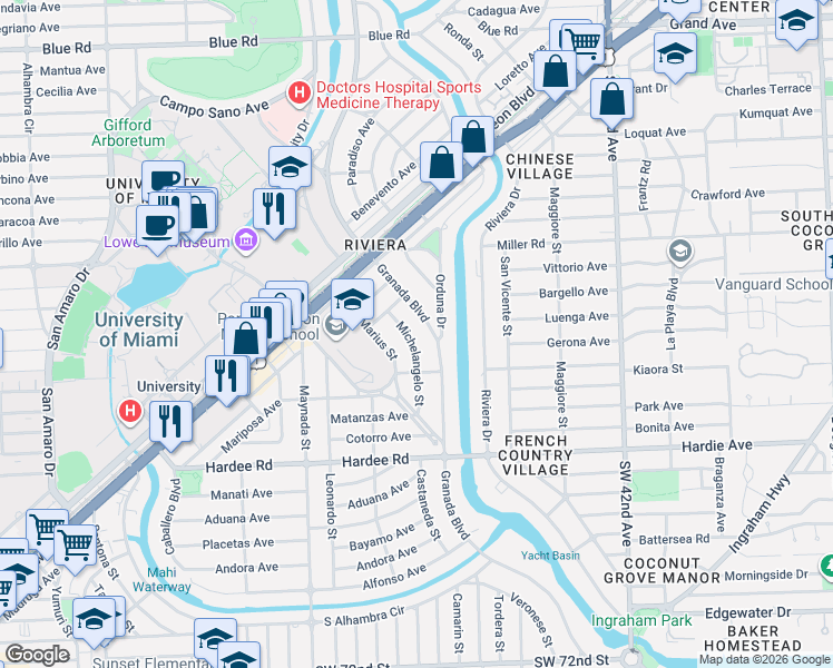 map of restaurants, bars, coffee shops, grocery stores, and more near 5711 Michelangelo Street in Coral Gables