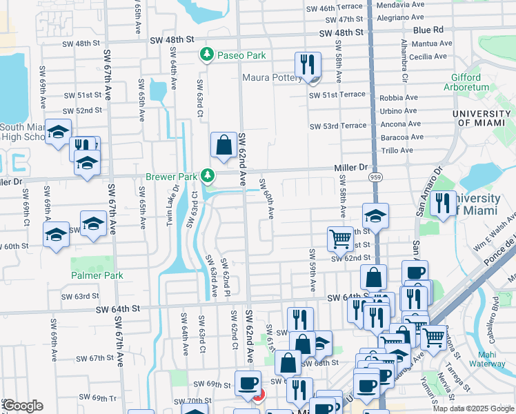 map of restaurants, bars, coffee shops, grocery stores, and more near 5900 Southwest 61st Avenue in South Miami