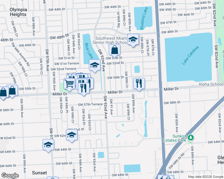 map of restaurants, bars, coffee shops, grocery stores, and more near 9004 Southwest 56th Street in Miami