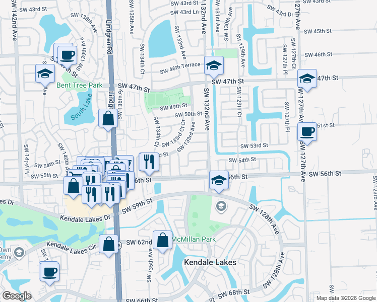 map of restaurants, bars, coffee shops, grocery stores, and more near 5360 Southwest 132nd Place in Miami