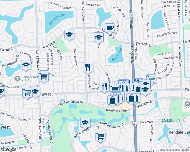map of restaurants, bars, coffee shops, grocery stores, and more near 14051 Southwest 52nd Terrace in Miami