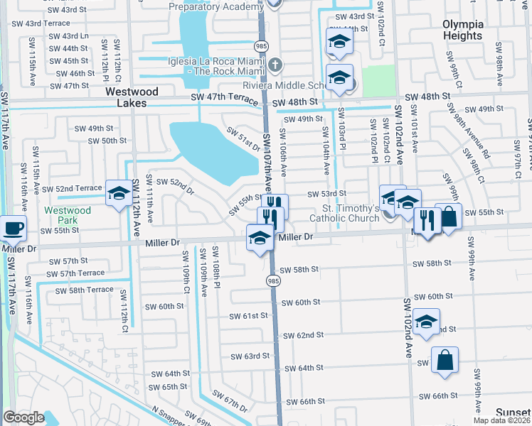 map of restaurants, bars, coffee shops, grocery stores, and more near 10710 Southwest 55th Street in Miami
