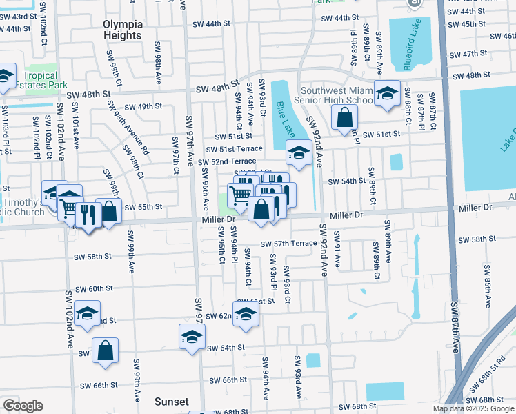 map of restaurants, bars, coffee shops, grocery stores, and more near 9421 Southwest 55th Street in Miami